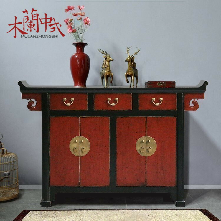 新中式做舊家具翹頭實木玄關餐邊櫃古典鞋櫃裝飾會所客廳儲物櫃