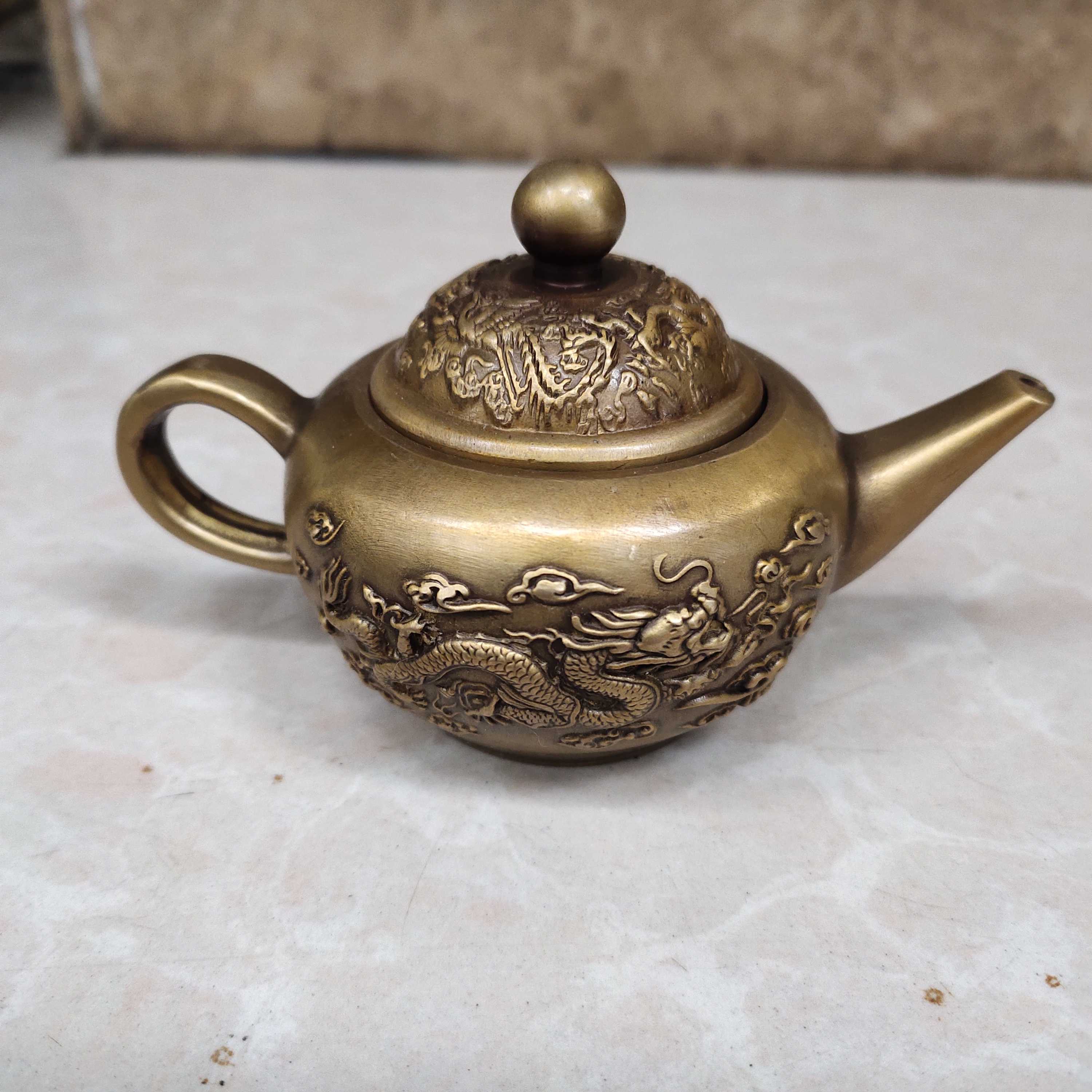 古玩雜項 仿古做舊純銅龍鳳小酒壺(茶壺) 做工精湛 包漿潤澤 收藏