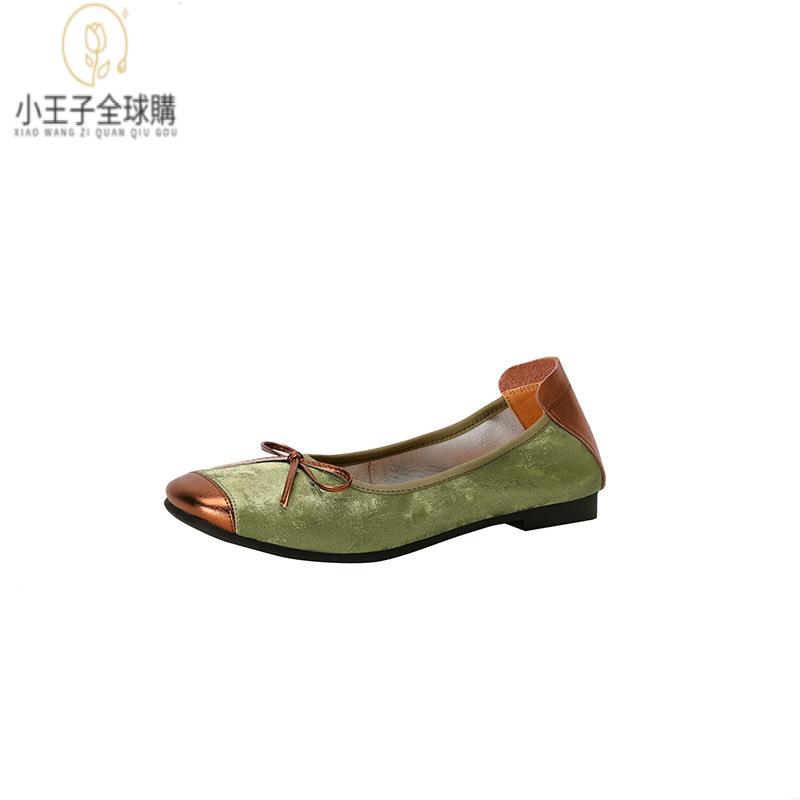 【公司現貨速發】免運 開發票 小短靴 堆堆靴 真皮女鞋 羊皮鞋 小皮鞋 樂福鞋絲綢牛皮春夏新款拼色復古蝴蝶結國風方頭淺口平底芭蕾舞鞋 定製