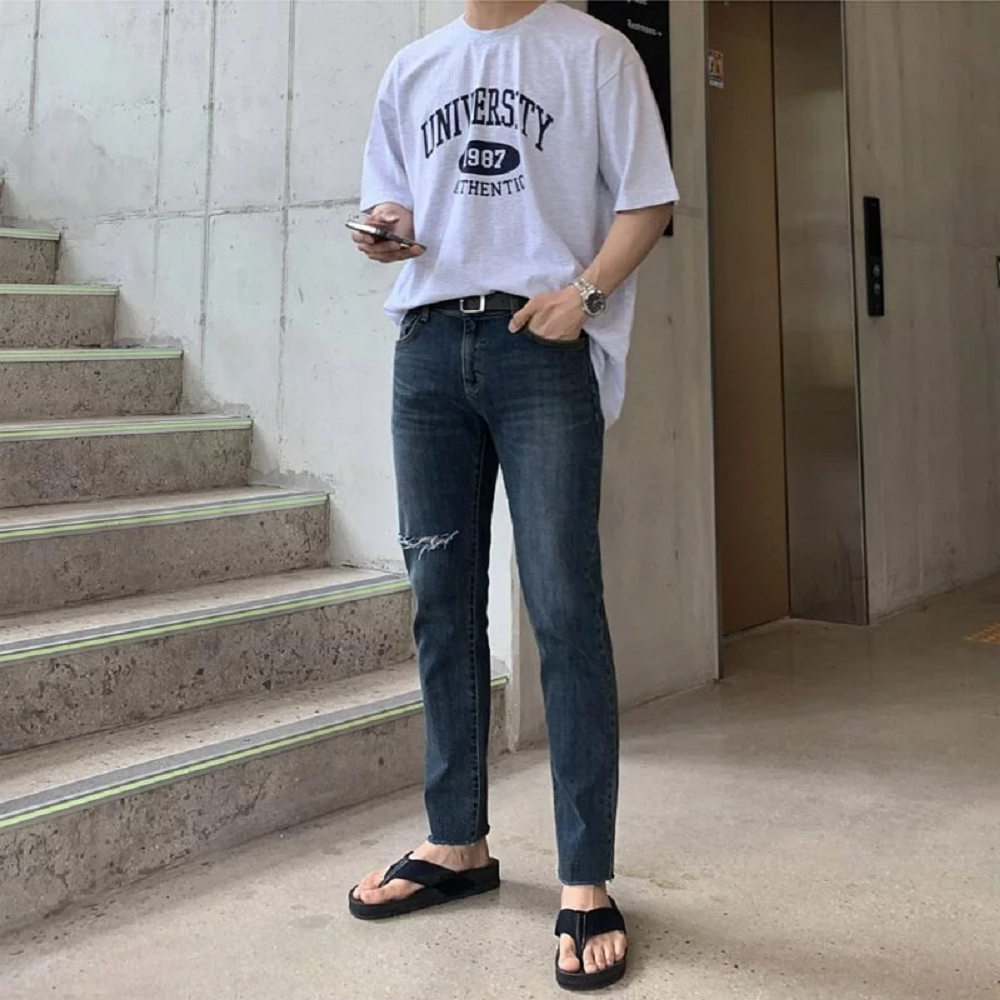 韓國單邊刀割水洗暗藍牛仔長褲 2