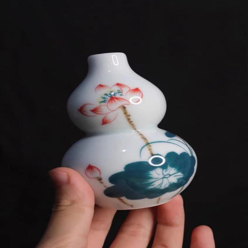 小花瓶 陶瓷花瓶 白瓷手繪荷葉小葫蘆家居擺飾插花博古架茶臺書桌中式花瓶乾燥花花器
