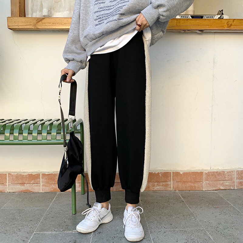 哈倫褲子女秋冬季新款羊羔毛拼接顯瘦休閑束腳褲百搭加絨運動衛褲