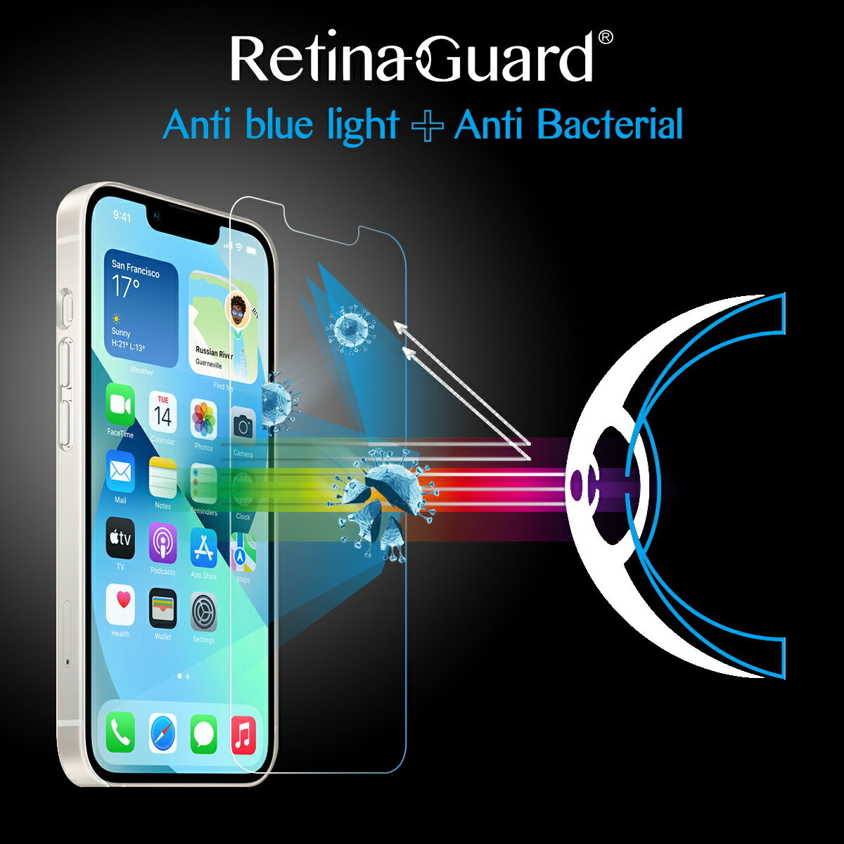 RetinaGuard 視網盾│iPhone 13 全系列 抗菌防藍光鋼化玻璃保護貼│非滿版