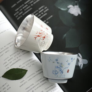 鎏銀功夫茶杯個人專用主人杯單杯梅蘭竹菊品茗杯陶瓷茶盞茶具杯子