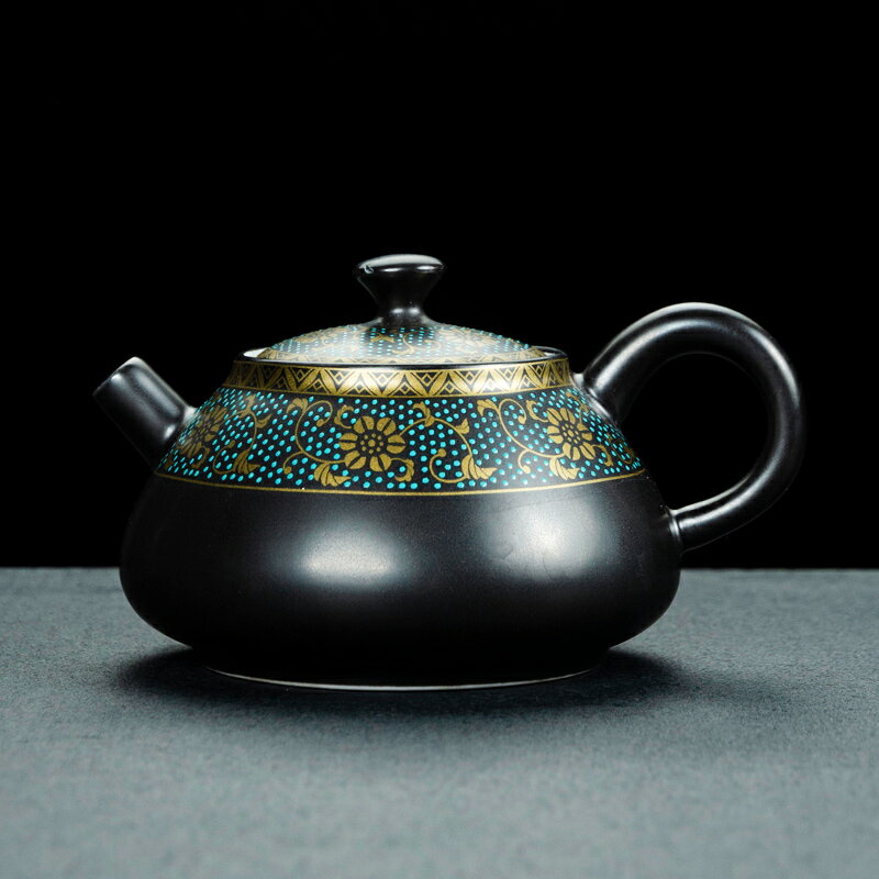 老段泥茶壺家用堆花鎏金陶瓷功夫茶具單壺復古日式過濾泡茶壺