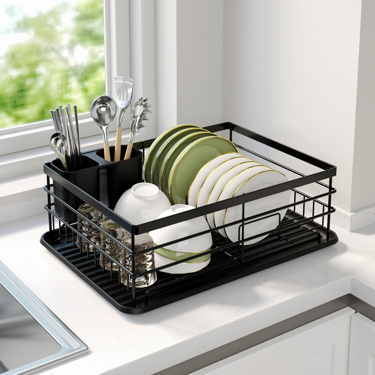 楓林宜居 廚房水槽多功能瀝水架家用單層黑色輕奢款晾碗架餐具收納架