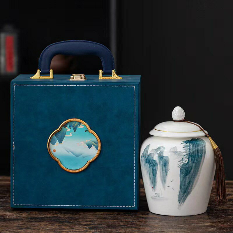 高檔茶葉罐手繪山水單罐密封儲存罐包裝禮盒空盒紅茶白茶龍井茶罐