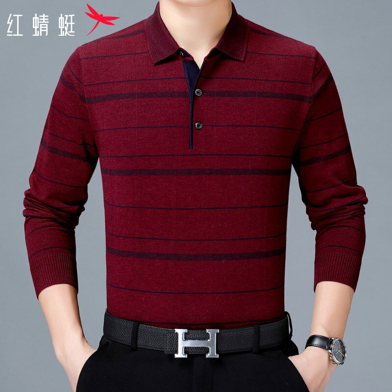 紅蜻蜓毛衣男士羊毛針織衫紅色本命年打底上衣服秋季潮流條紋線衣