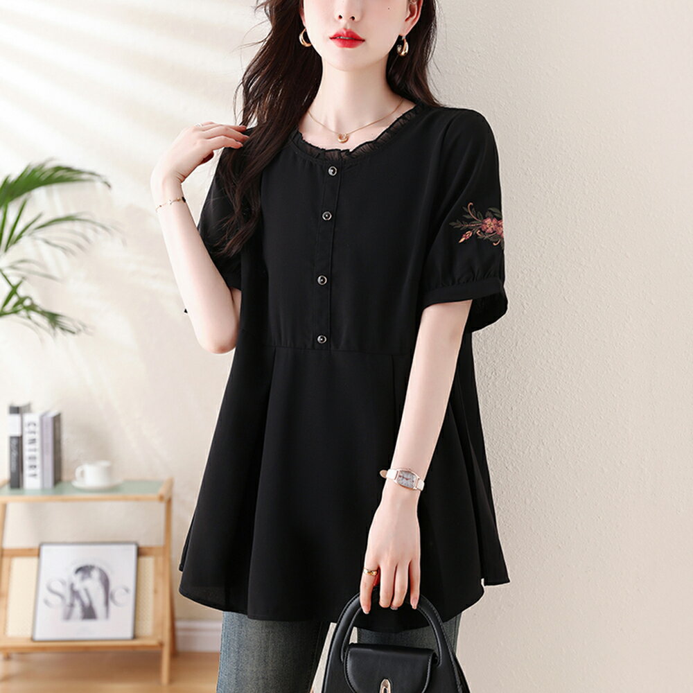 ＊ORead＊雪紡印花短袖上衣(黑色L~5XL)【限定加碼✿全館滿額再折】