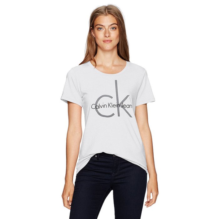 美國百分百【Calvin Klein】T恤 CK 女 短袖 大圓領 T-shirt 大logo 白色 S號 I172