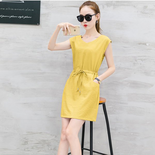 FINDSENSE G5 韓國時尚 條紋 連身裙 氣質 顯瘦 夏季 V領 休閒裙