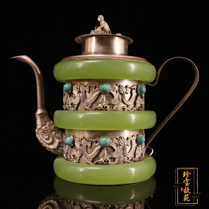 古玩雜項仿古工藝品純手工鑲嵌寶石鍍銀包玉酒壺影視道具裝飾擺件