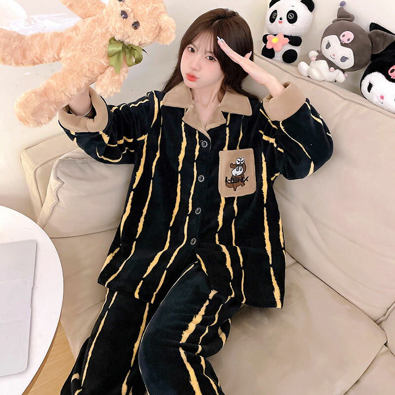 冬季睡衣女珊瑚絨加厚加絨2024新款卡通大碼法蘭絨冬天家居服套裝