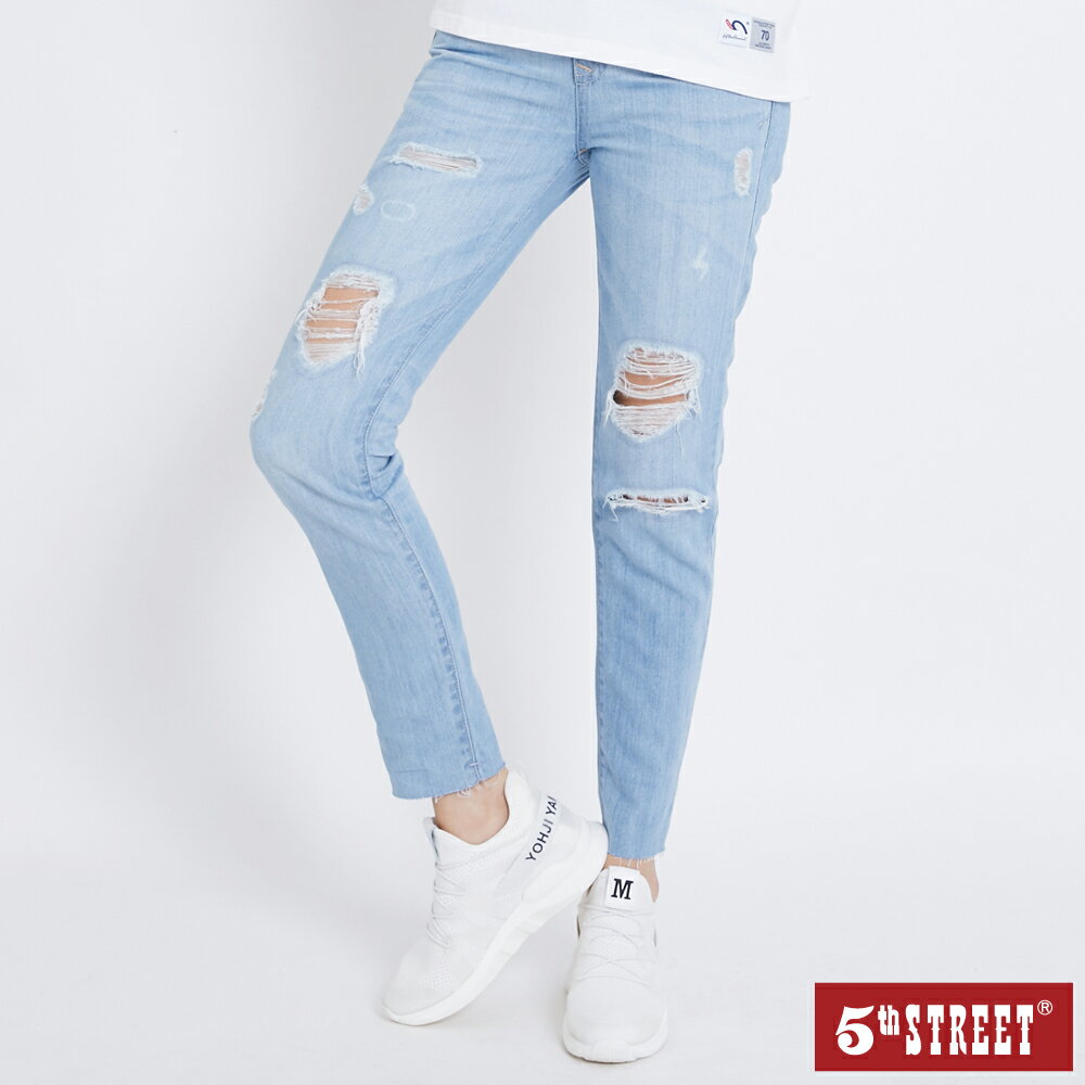 女裝 美式破損窄直筒9分褲-漂淺藍 (911633) 【5th STREET】【全館滿$3000贈環保餐具收納包】