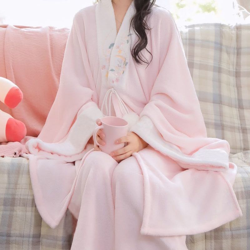 國風法蘭絨改良款漢服睡衣睡袍套裝秋冬古風保暖家居服晨袍浴衣袍