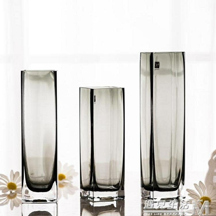 簡約正方口花瓶 玻璃透明手工方缸 套色工藝花器擺件酒店家居裝飾 【麥田印象】