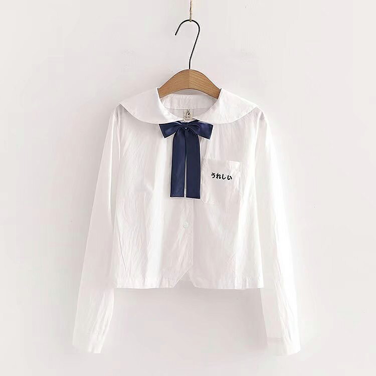 韓版字母刺繡JK長袖領結襯衫女洋氣百搭減齡白色襯衣春秋短款上衣