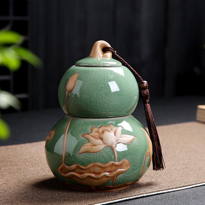 哥窯葫蘆茶葉罐 大號陶瓷復古浮雕家用散裝儲存防潮包裝盒密封罐