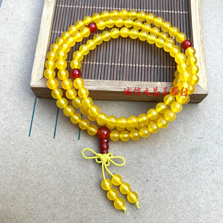 天然水晶黃玉髓108顆佛珠手鏈 配紅瑪瑙隔珠手鏈