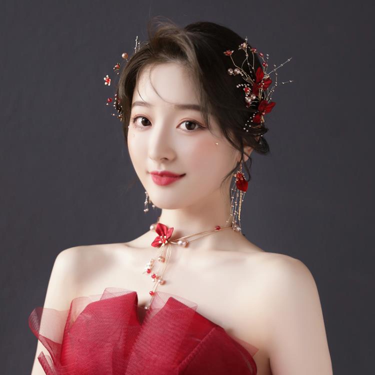 新娘頭飾結婚韓式婚紗禮服超仙紅色髮飾套裝敬酒服森系仙女配飾品