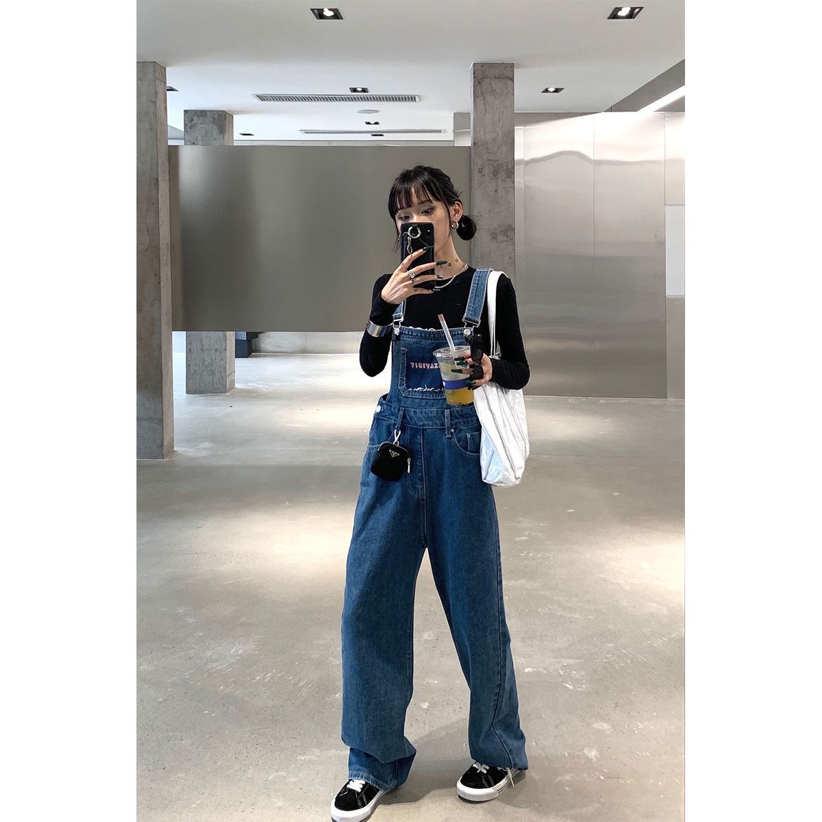 牛仔連身褲裝女藍色直筒長褲美式復古工裝褲寬松休閒連體衣秋新款
