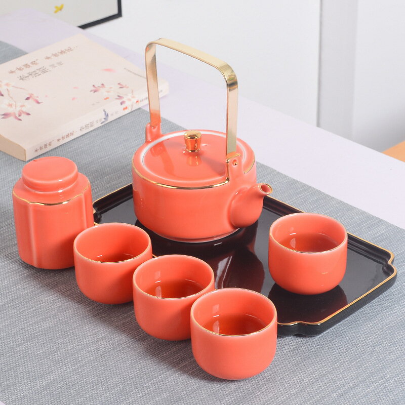 日式陶瓷提梁壺茶具幹泡盤套裝清新一壺四盃家用大容量泡茶壺