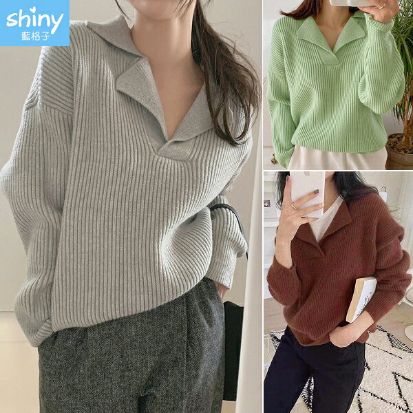 慵懶復古．純色柔軟落肩POLO領長袖針織衫- shiny藍格子【V3705】