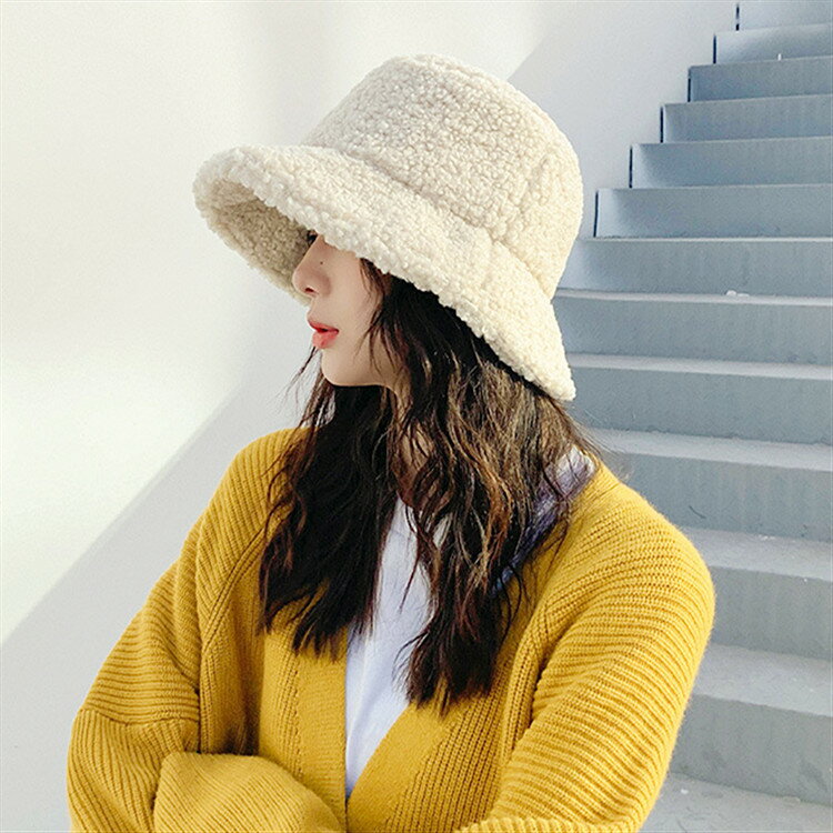 沛錦漁夫帽女冬天仿羊羔絨加絨保暖平頂帽街頭潮帽遮陽帽寬簷帽子1入