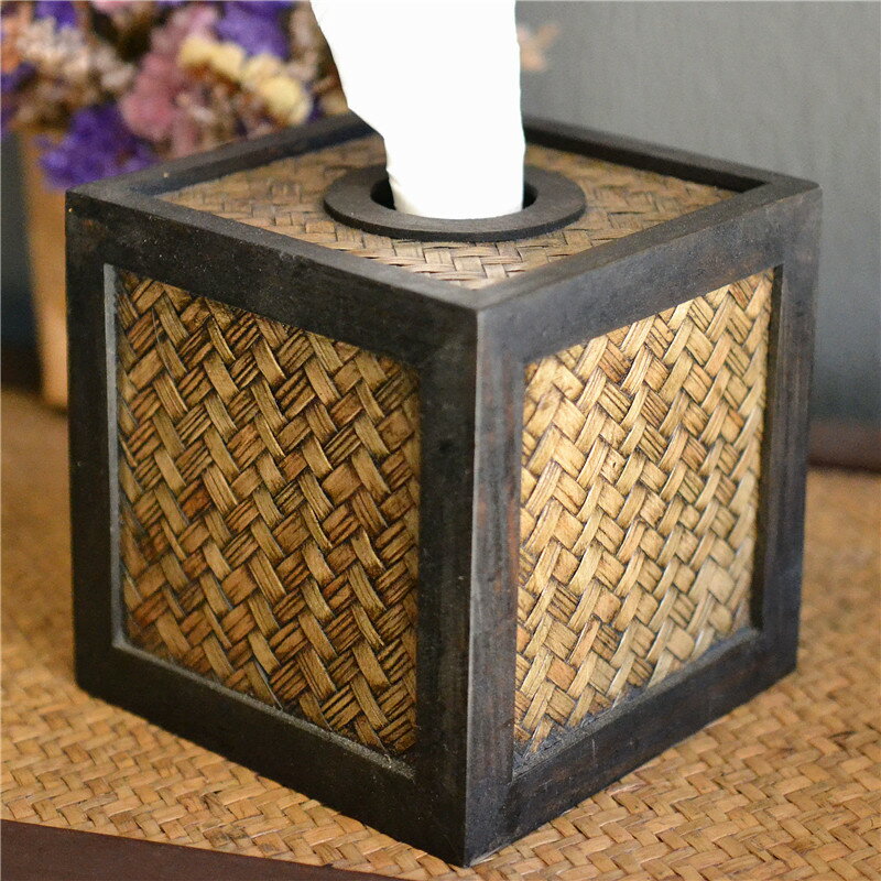 泰國進口手工藝品方形竹編紙巾盒創意卷紙盒餐廳桌面擺件復古風格