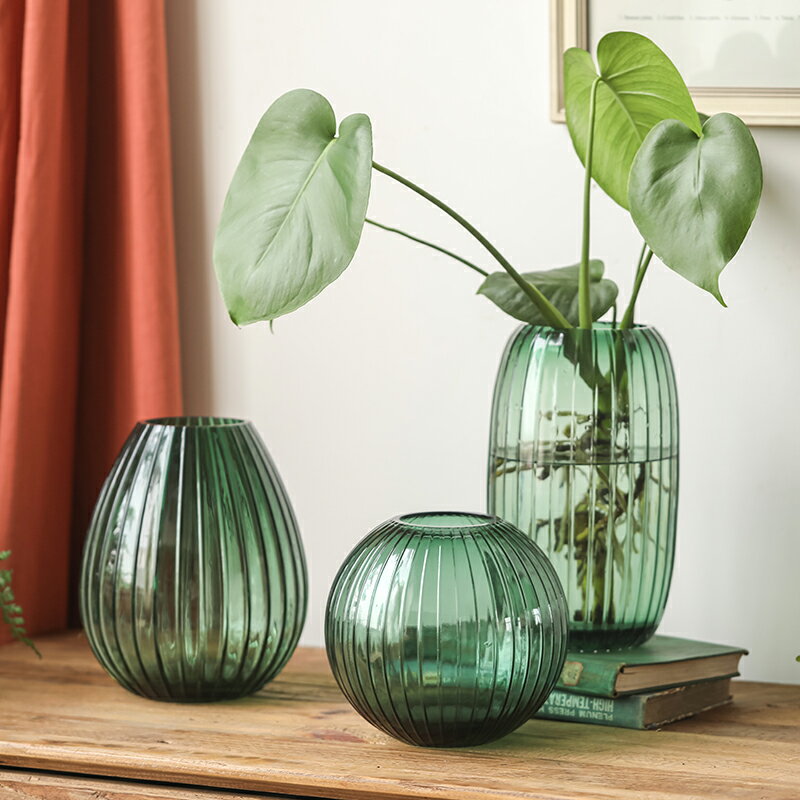 綠色條紋圓肚小口玻璃花瓶設計感插鮮花水養2022新款客廳花器擺件