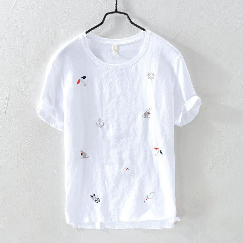 【巴黎精品】T恤短袖上衣-簡約卡通印花亞麻男裝2色a1es50
