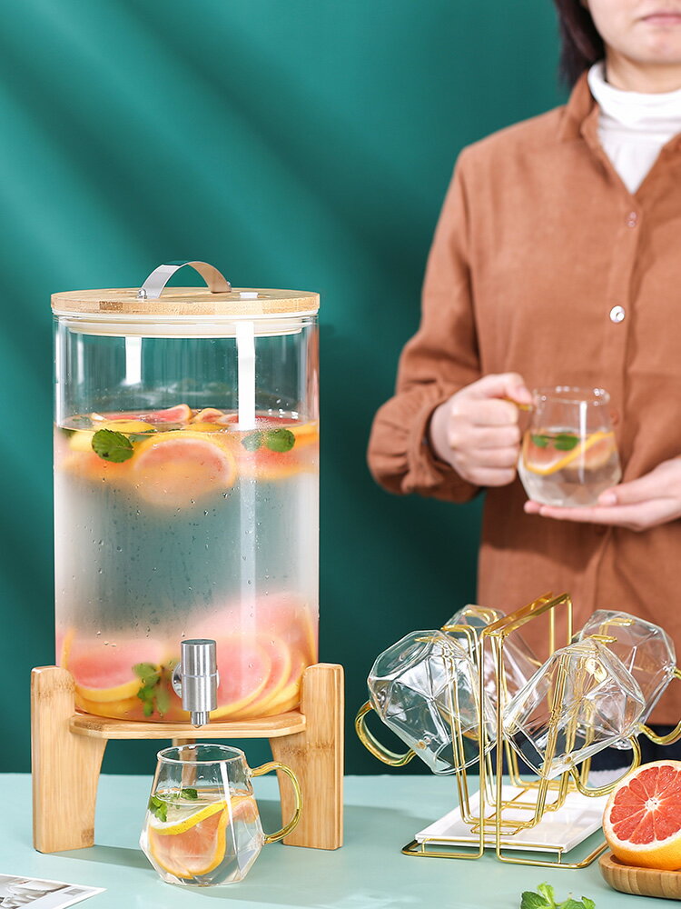涼水壺玻璃耐高溫果汁桶自助餐飲料桶家用檸檬水容器冷水壺帶龍頭