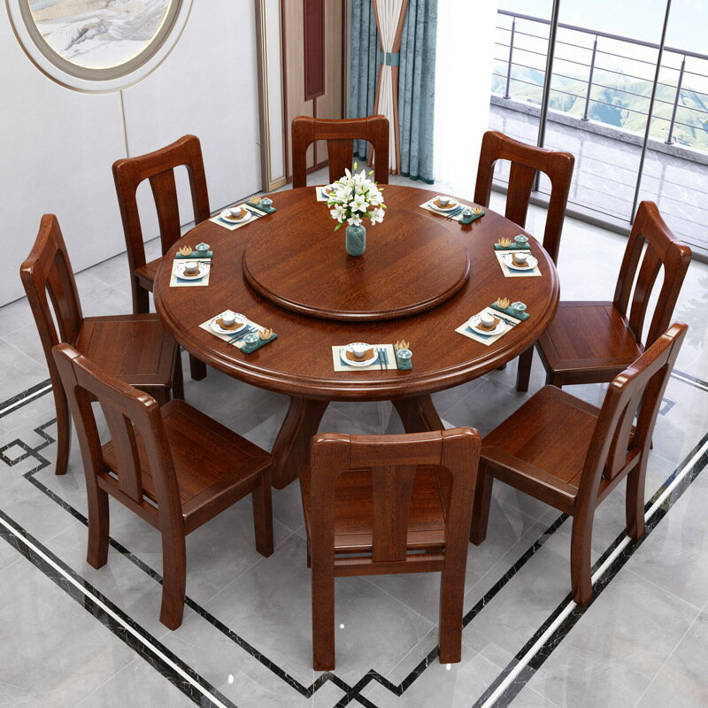 新中式鬍桃木餐桌客廳家用實木帶轉盤一桌八椅飯桌經濟型餐廳家具