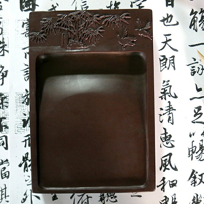 7117 - 【中華筆莊】17.5cm 雅竹畫鳥 長方型原石硯臺 ◆肇慶端硯名硯 TW3-1