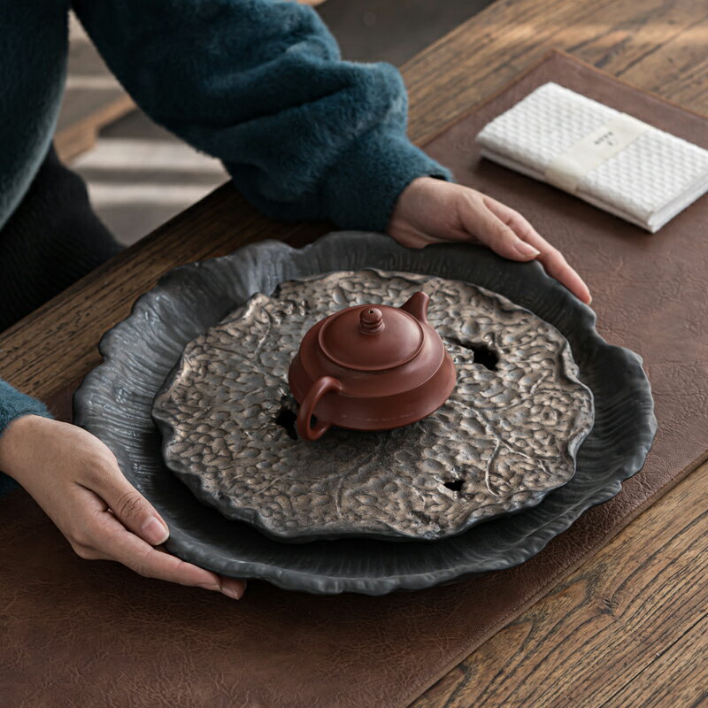 圓形創意干泡茶盤家用日式復古窯變鎏金陶瓷儲水排水兩用茶臺茶海