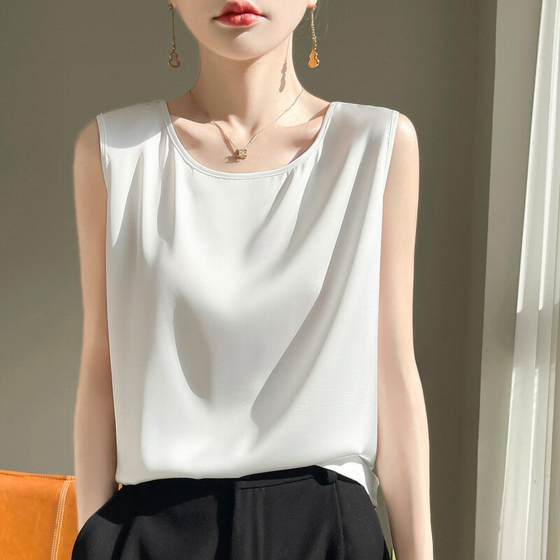 現貨+預購 絲質上衣緞面背心法式絲綢無袖背心女上衣天絲小可愛休閒女裝素色背心-U領3色74lc43【獨家進口】【米蘭精品】