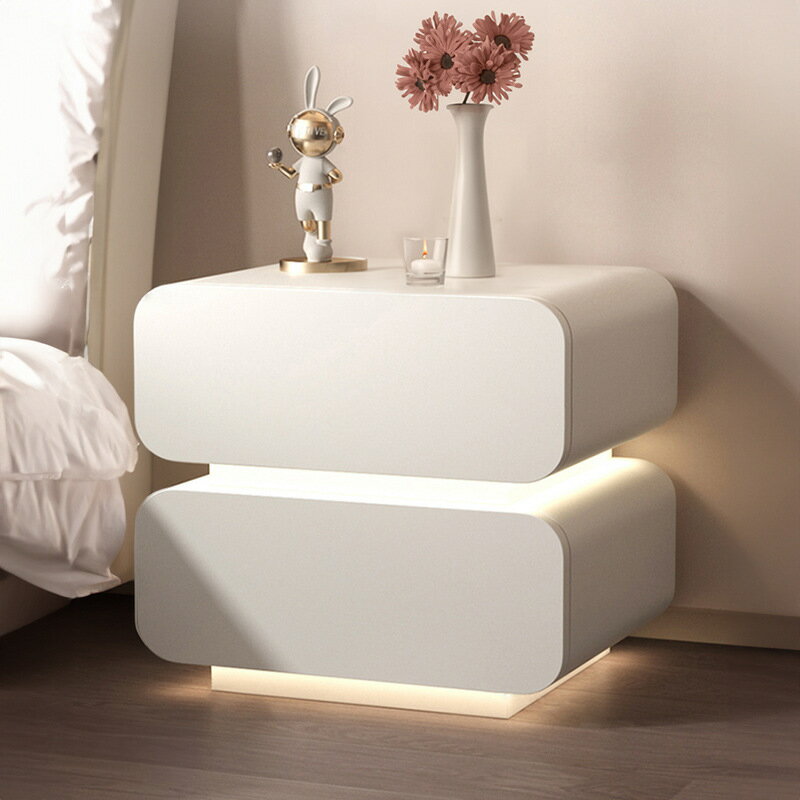 【免運】可開發票 帶燈床頭櫃奶油風創意現代簡約臥室家用床邊懸浮儲物全實木小櫃子