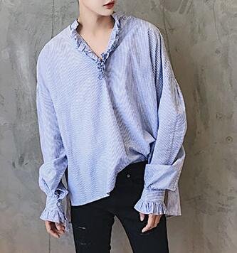 FINDSENSE 品牌 男士V領花邊中性同款藍白細條紋全棉襯衫
