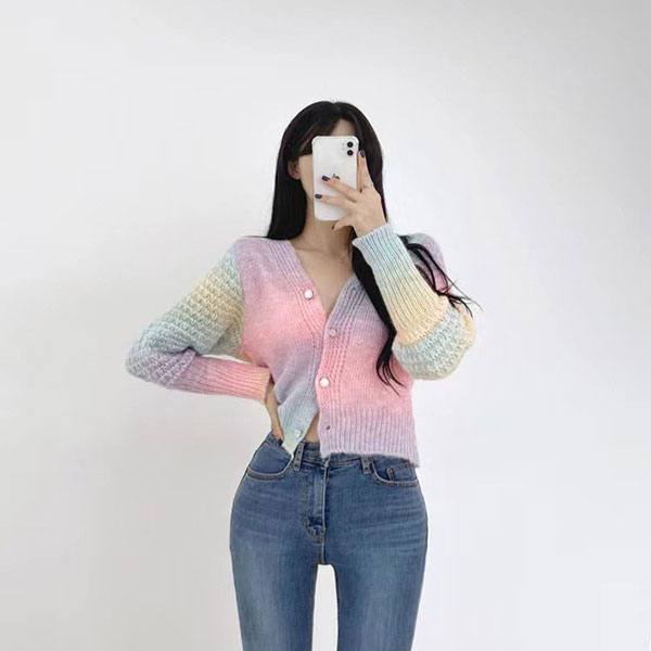 ANNAS 正韓 珍珠釦 渲染 外套 漸層 彩虹 扎染 暈染 麻花 毛衣 針織外套 粗針織 夢幻 女神 韓國 1