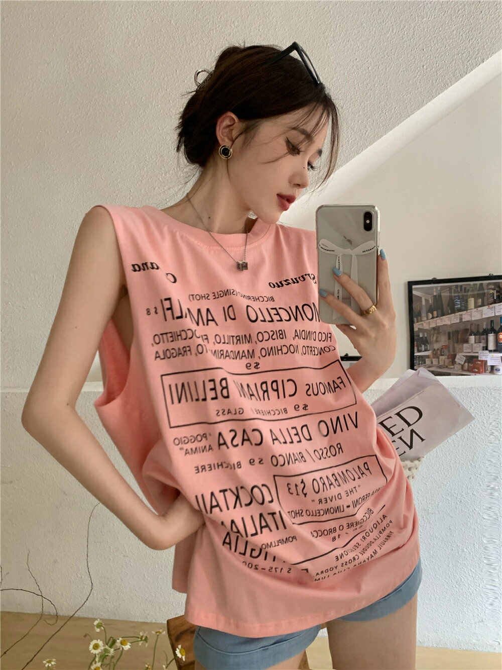 網紅ins超火辣妹字母印花無袖t恤女夏外穿吊帶背心寬松中長款上衣