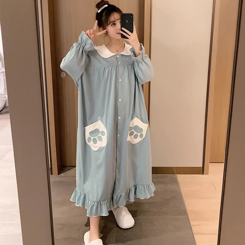 睡衣睡裙女長袖開衫大碼襯衫裙子時尚可愛中長款春秋新款【倪醬】