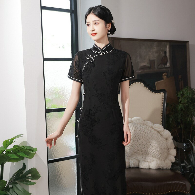 連身裙改良式旗袍-立領提花開叉長款女裙子74cn51【獨家進口】【米蘭精品】