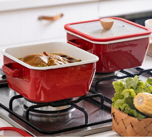 摩登主婦湯鍋加厚紅色燜煮火鍋家用燃氣電磁爐專用雙耳燉鍋搪瓷鍋~四季小屋