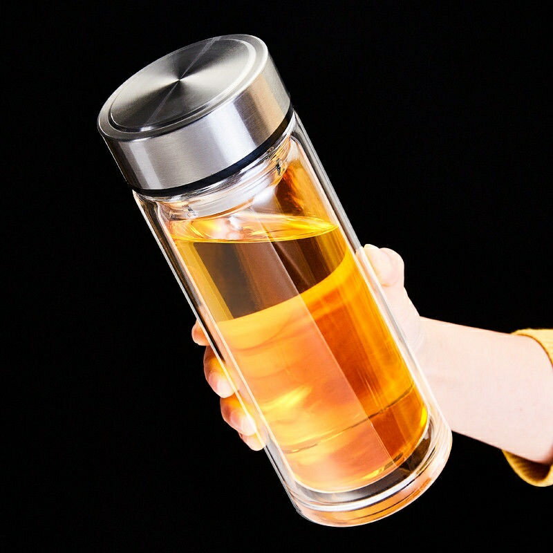 家用泡茶杯雙層玻璃杯加厚便攜隔熱水杯便攜透明高檔大容量【B0826】 大容量雙層玻璃杯透明隔熱高檔水杯商務便攜帶蓋男女士