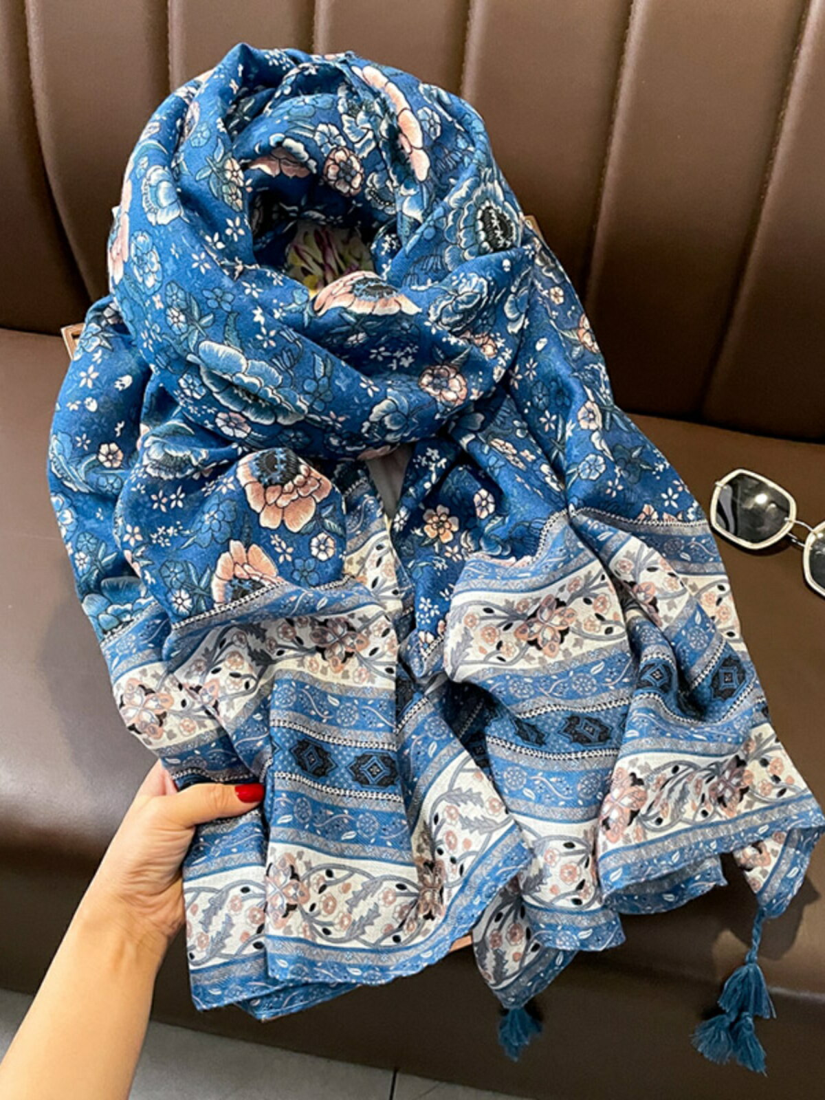 云南青海旅游穿搭薄款防曬絲巾女藍色民族風圍巾披肩兩用長款紗巾