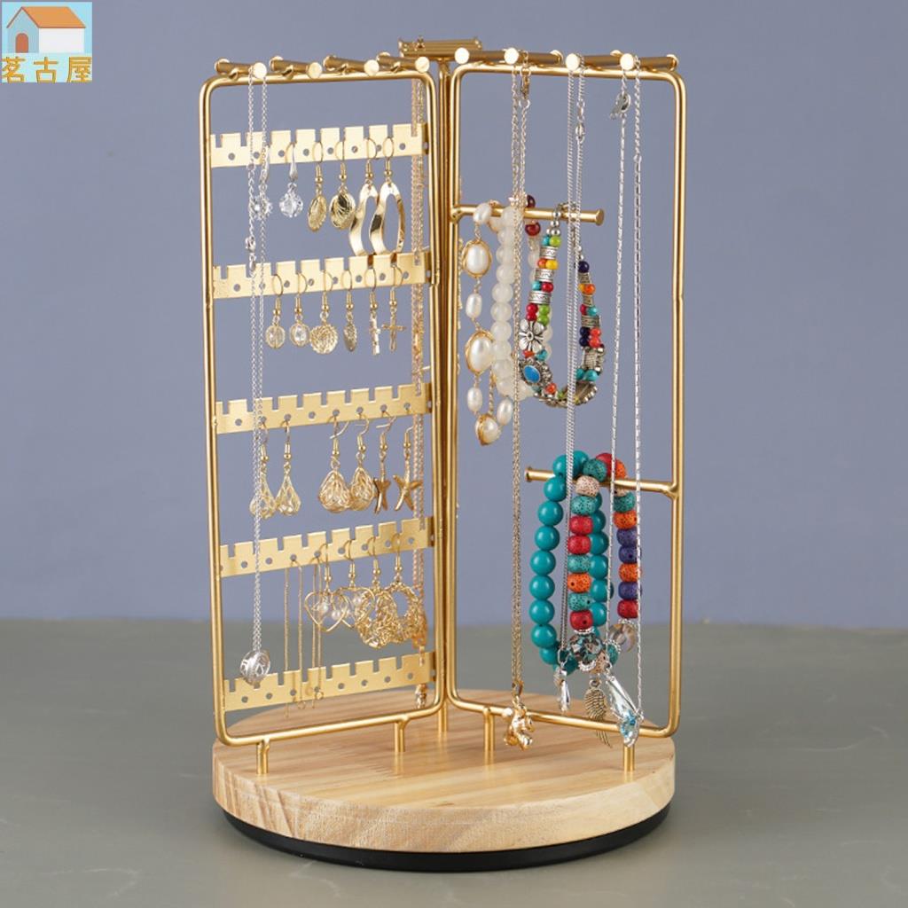 項鍊架珠寶盒展示收納盒環耳環便攜式可調木旋轉耳環手鍊收納盒