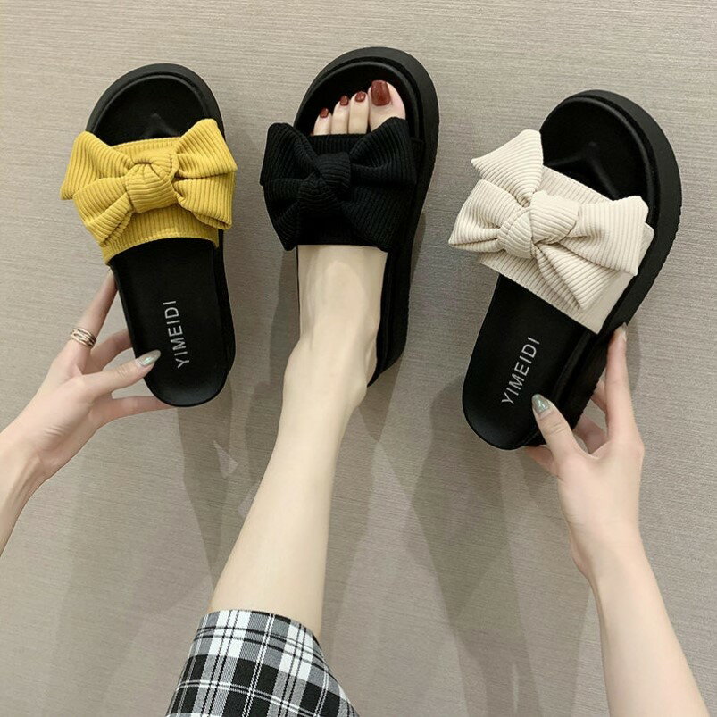 新款蝴蝶結防滑平底涼拖鞋女百搭夏天外穿鬆糕厚底仙女一字拖