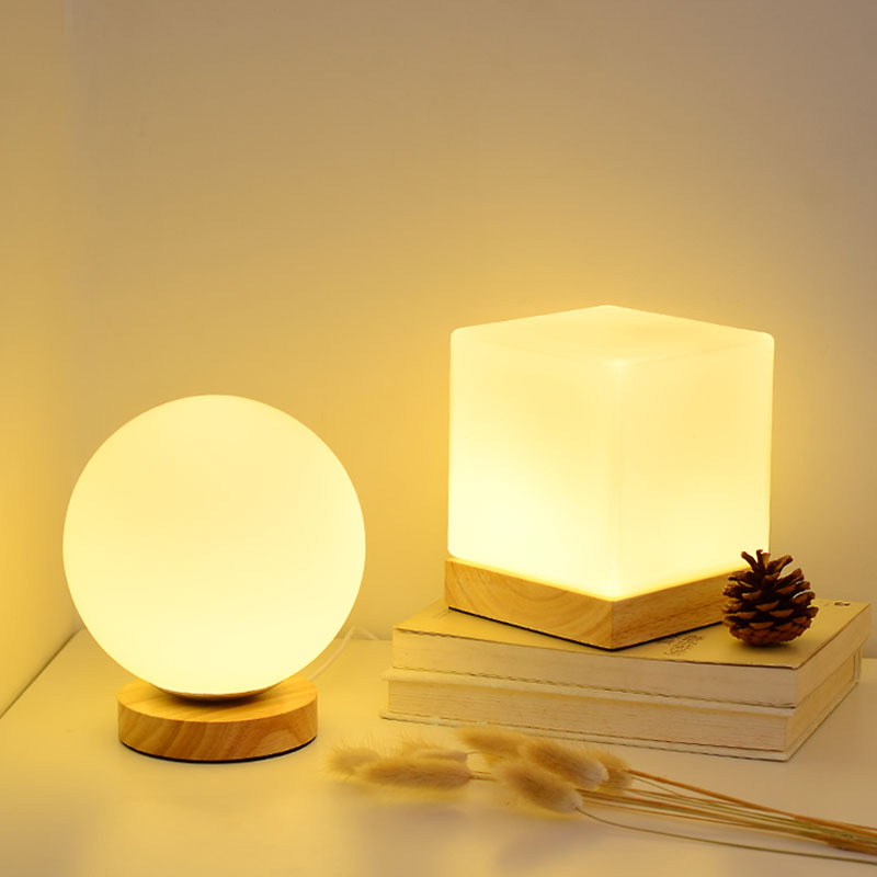 ins臺燈床頭臥室小夜燈創意簡約現代LED玻璃實木可調光充電式臺燈
