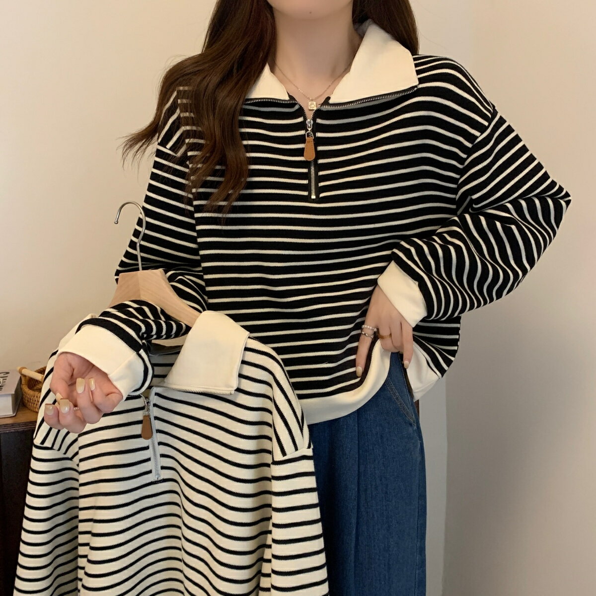 長袖Polo領正肩衛衣女寬松半拉鏈大碼胖mm美式條紋時尚上衣秋季新款