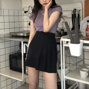 夏季韓國chic簡約基礎款純色打底衫短袖T恤女+百褶拼接高腰半身裙1入